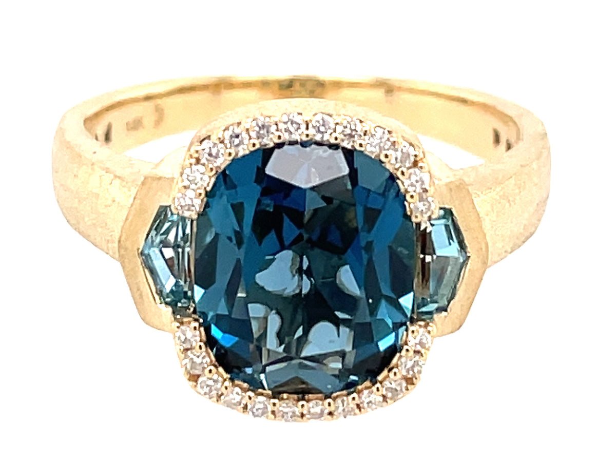 BLUE TOPAZ & DIAMOND RING, SATIN FINISH