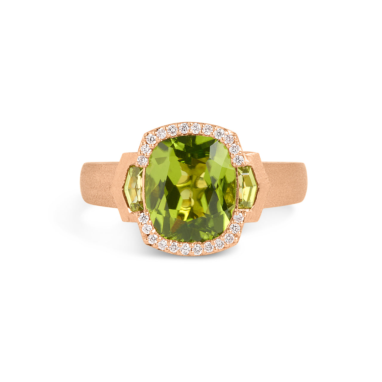 Peridot & Diamond Cushion 3 Stone Ring
