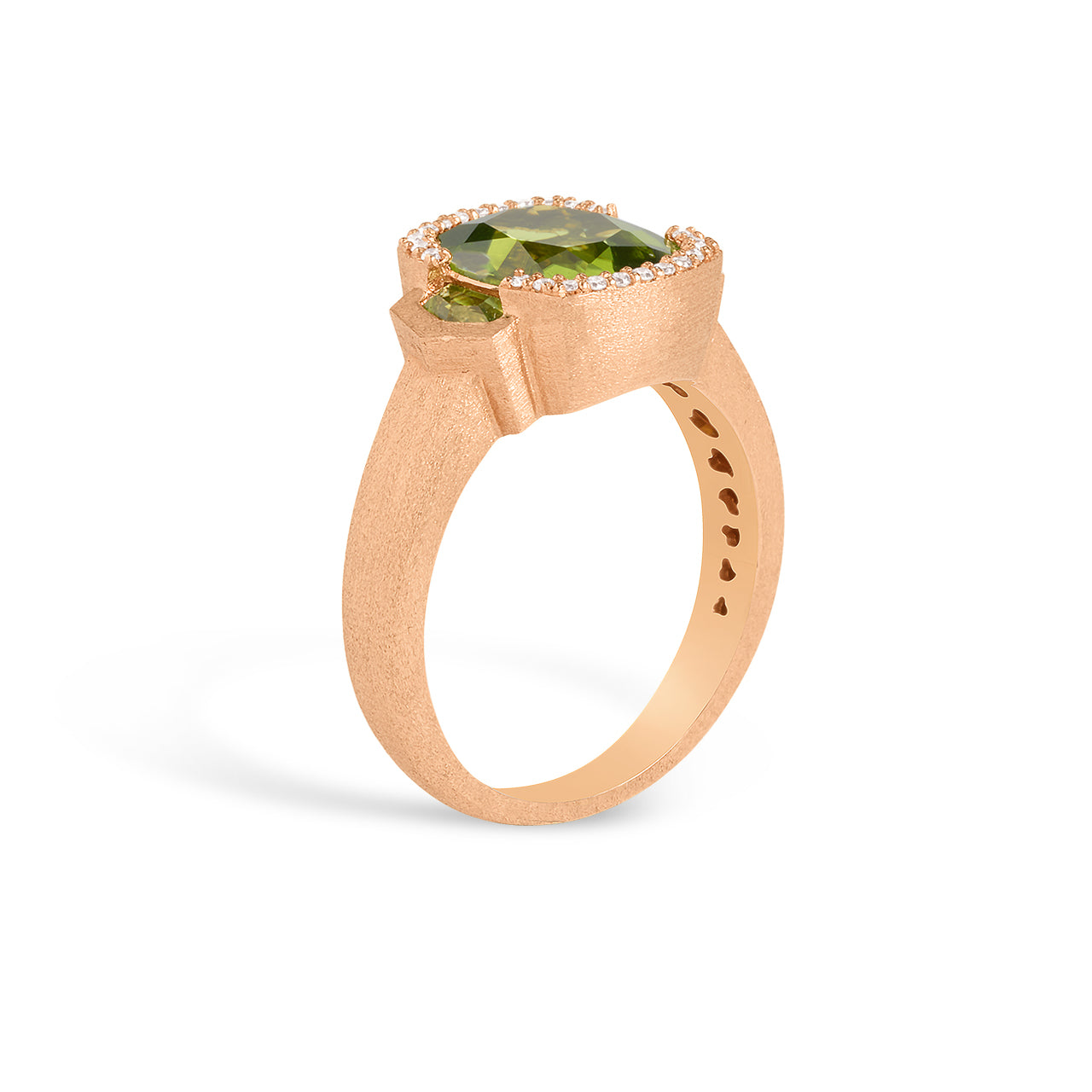 Peridot & Diamond Cushion 3 Stone Ring