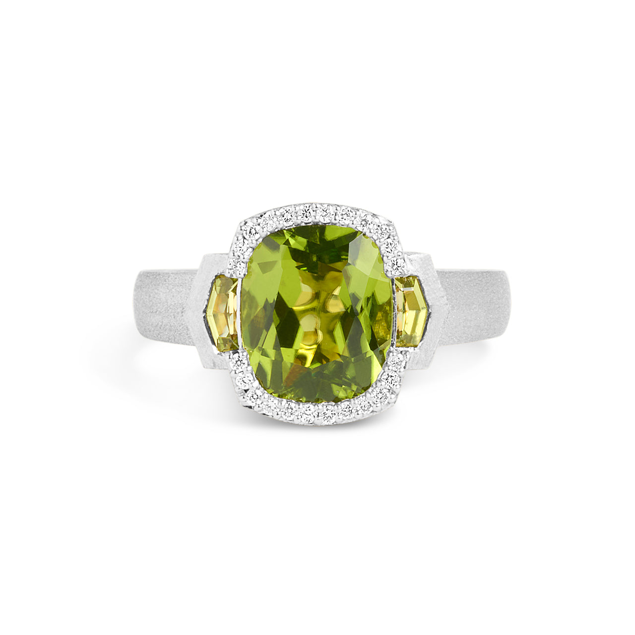 Peridot & Diamond Cushion 3 Stone Ring
