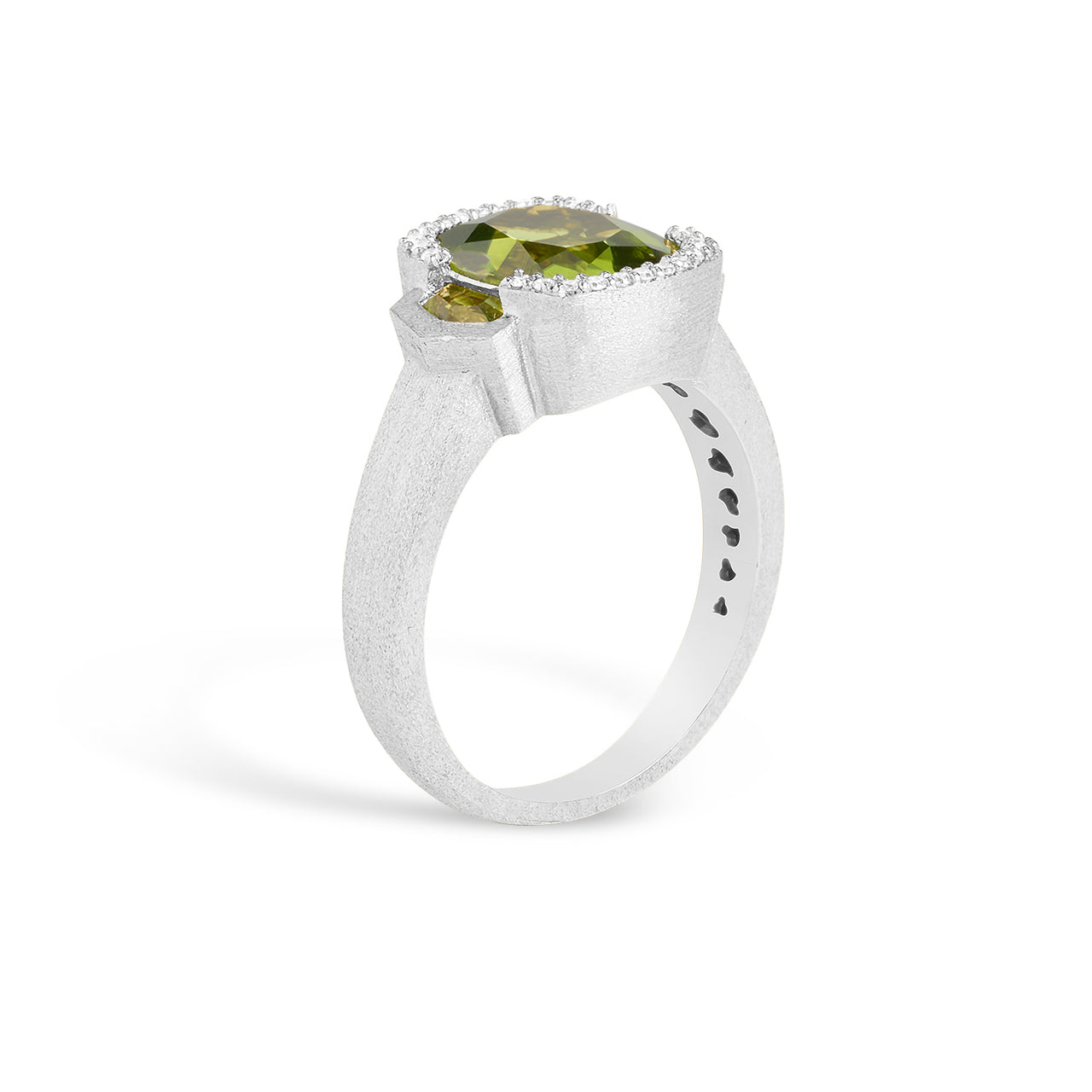 Peridot & Diamond Cushion 3 Stone Ring