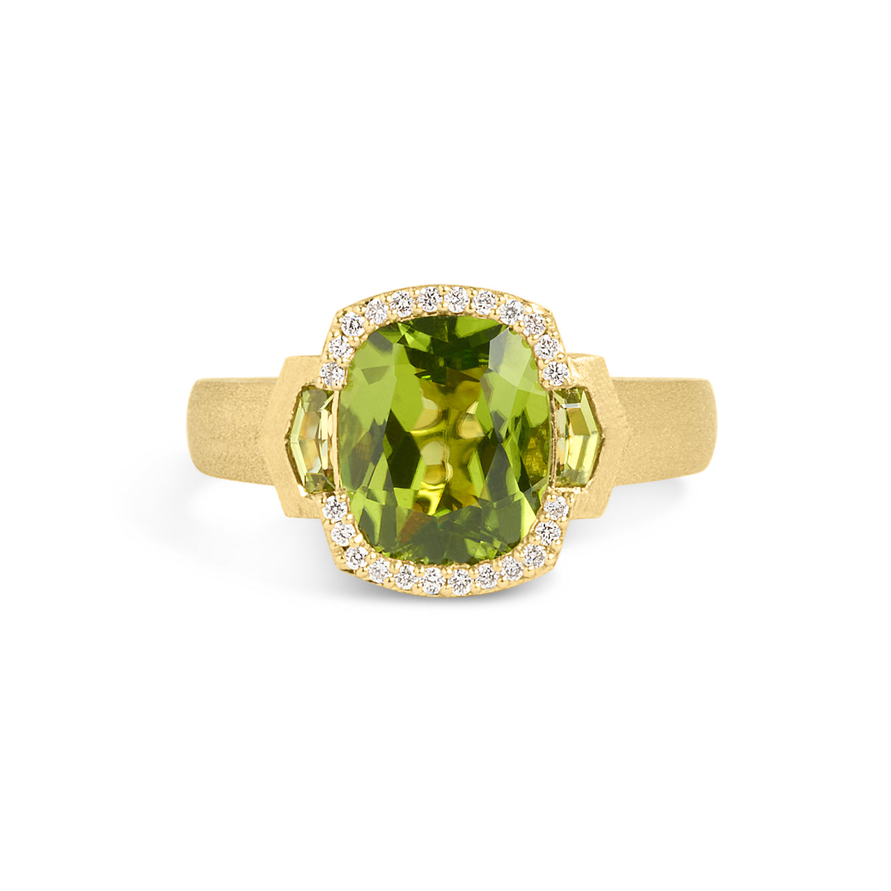 Peridot & Diamond Cushion 3 Stone Ring