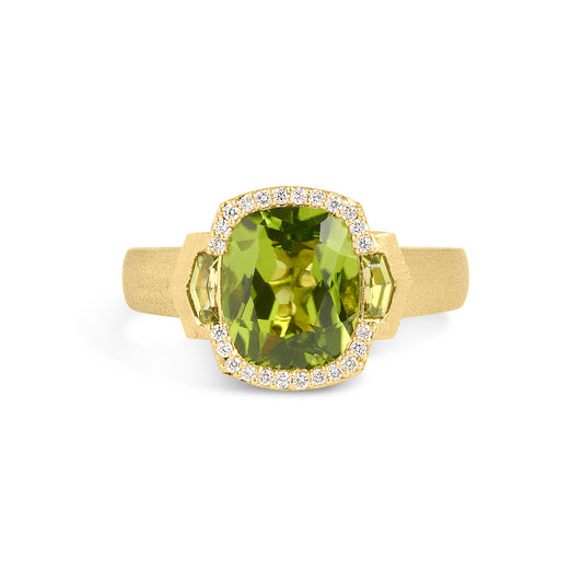 Peridot & Diamond Cushion 3 Stone Ring