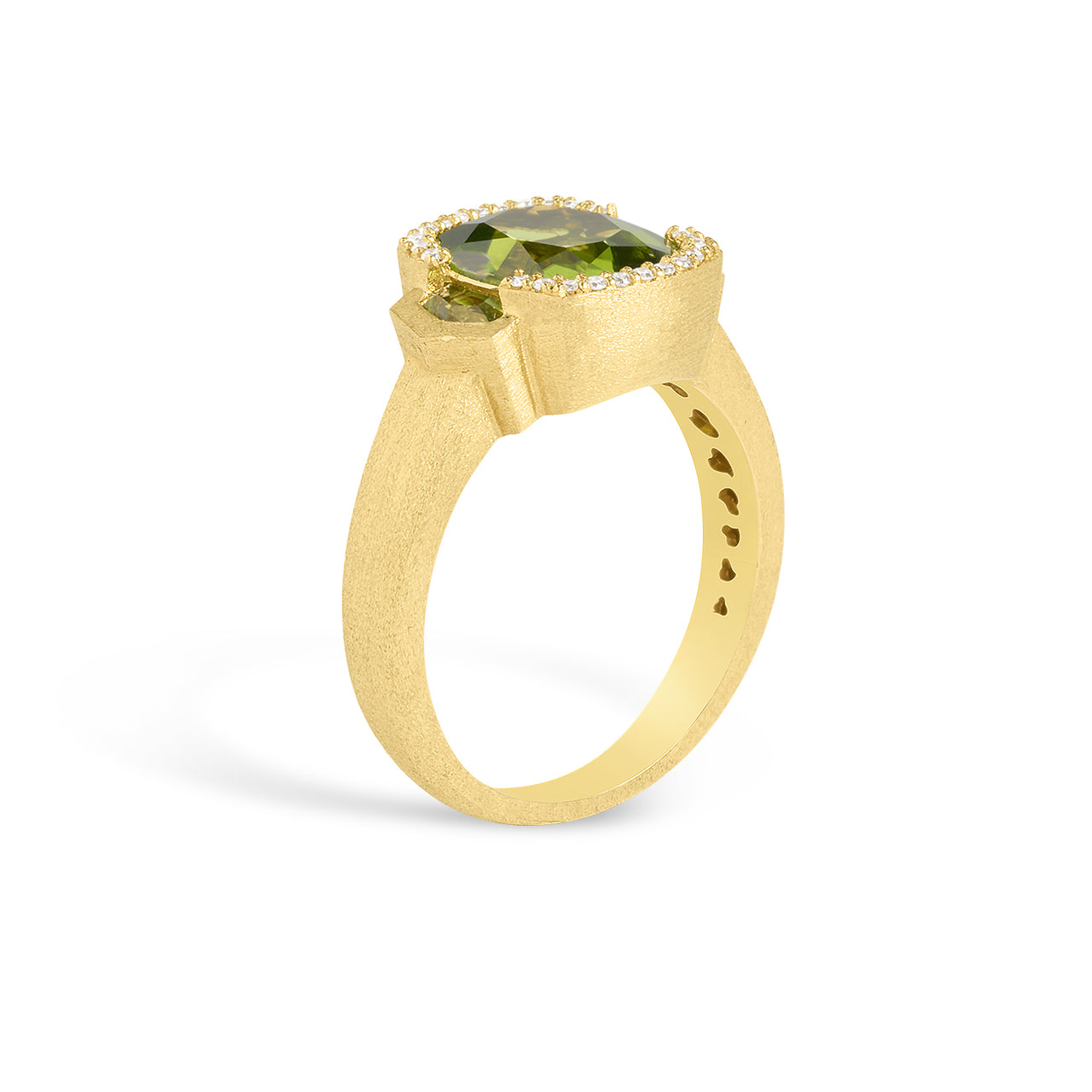 Peridot & Diamond Cushion 3 Stone Ring