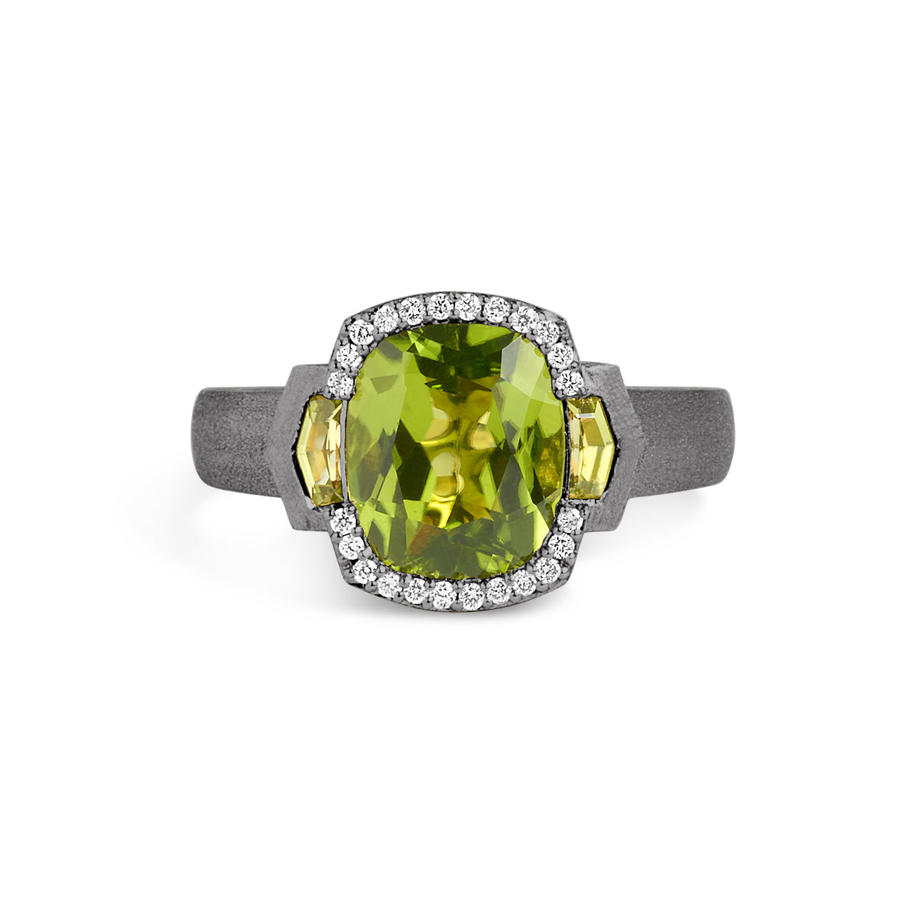 Peridot & Diamond Cushion 3 Stone Ring