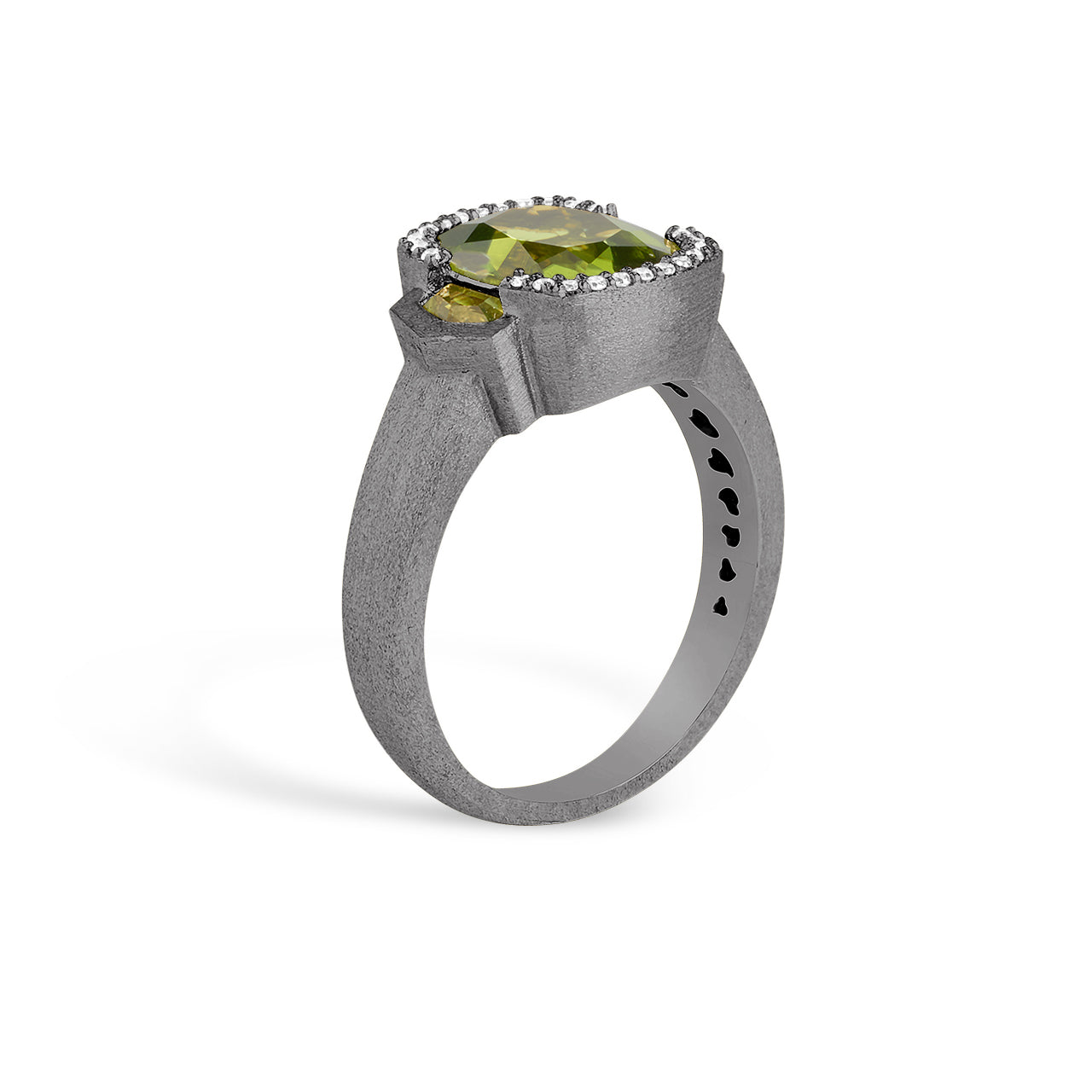 Peridot & Diamond Cushion 3 Stone Ring
