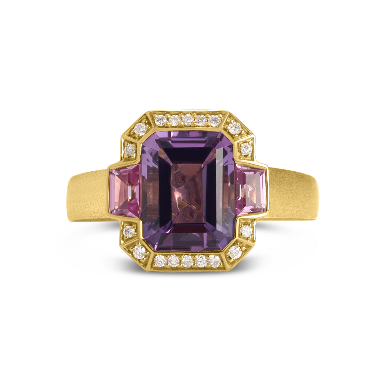 Amethyst, Pink Sapphire & Diamond 3 Stone Ring