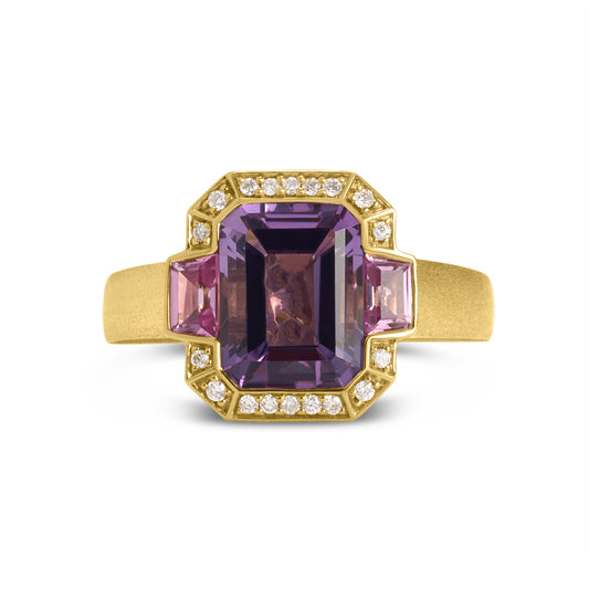 Amethyst, Pink Sapphire & Diamond 3 Stone Ring