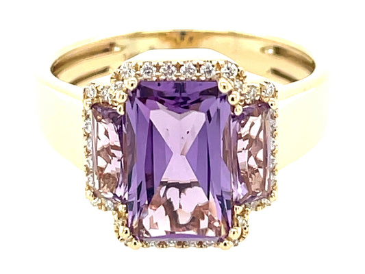 AMETHYST BAGUETTE 3 STONE & DIAMOND RING