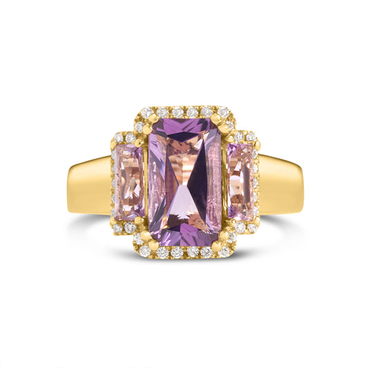 Amethyst & Diamond Elongated 3 Stone Ring