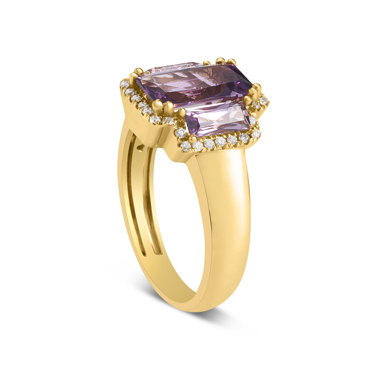 Amethyst & Diamond Elongated 3 Stone Ring