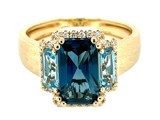 BLUE TOPAZ BAGUETTE 3 STONE & DIAMOND 3 STONE RING, SATIN FINISH