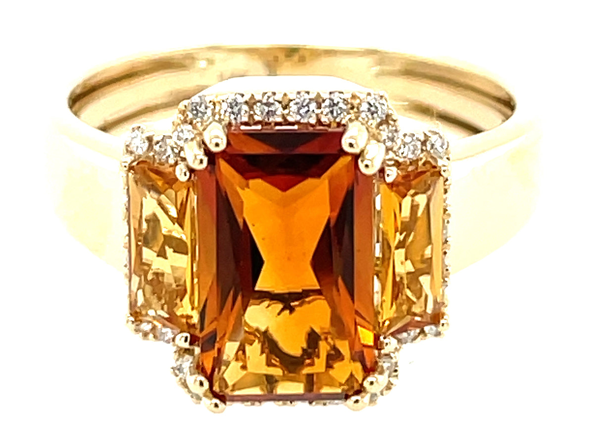 CITRINE BAGUETTE 3 STONE & DIAMOND RING