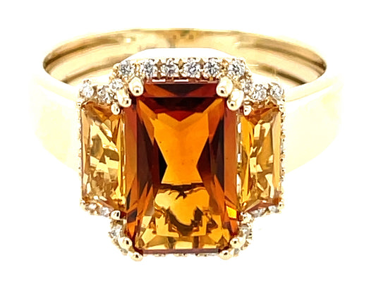 CITRINE BAGUETTE 3 STONE & DIAMOND RING