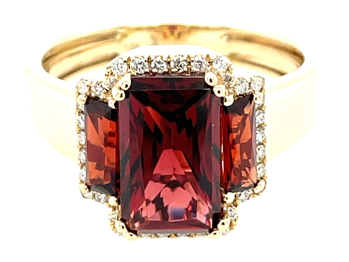GARNET BAGUETTE 3 STONE & DIAMOND RING