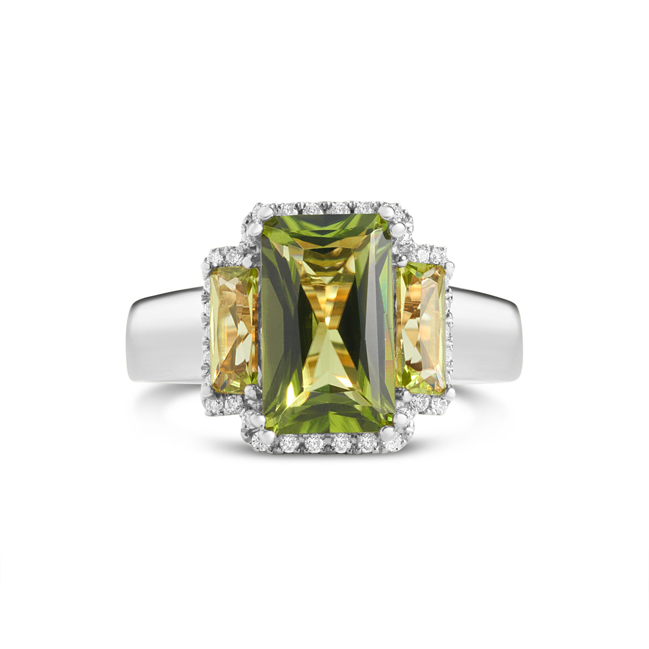 Peridot & Diamond Elongated 3 Stone Ring