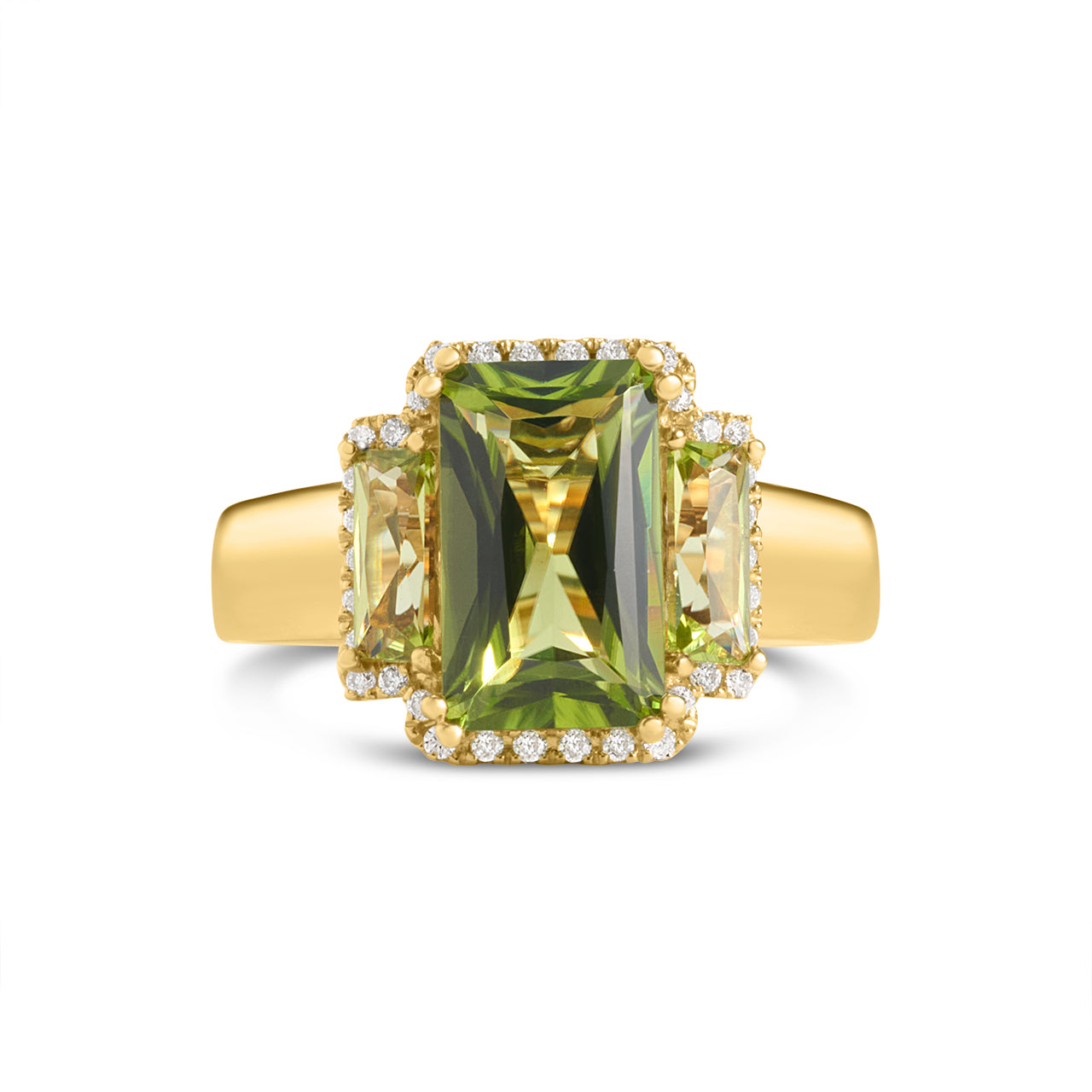 Peridot & Diamond Elongated 3 Stone Ring