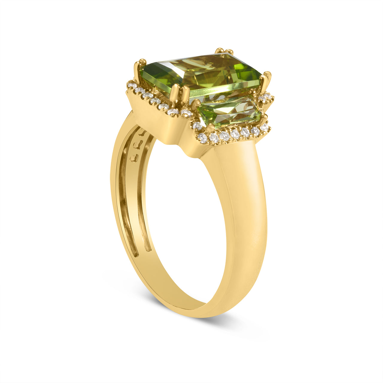 Peridot & Diamond Elongated 3 Stone Ring