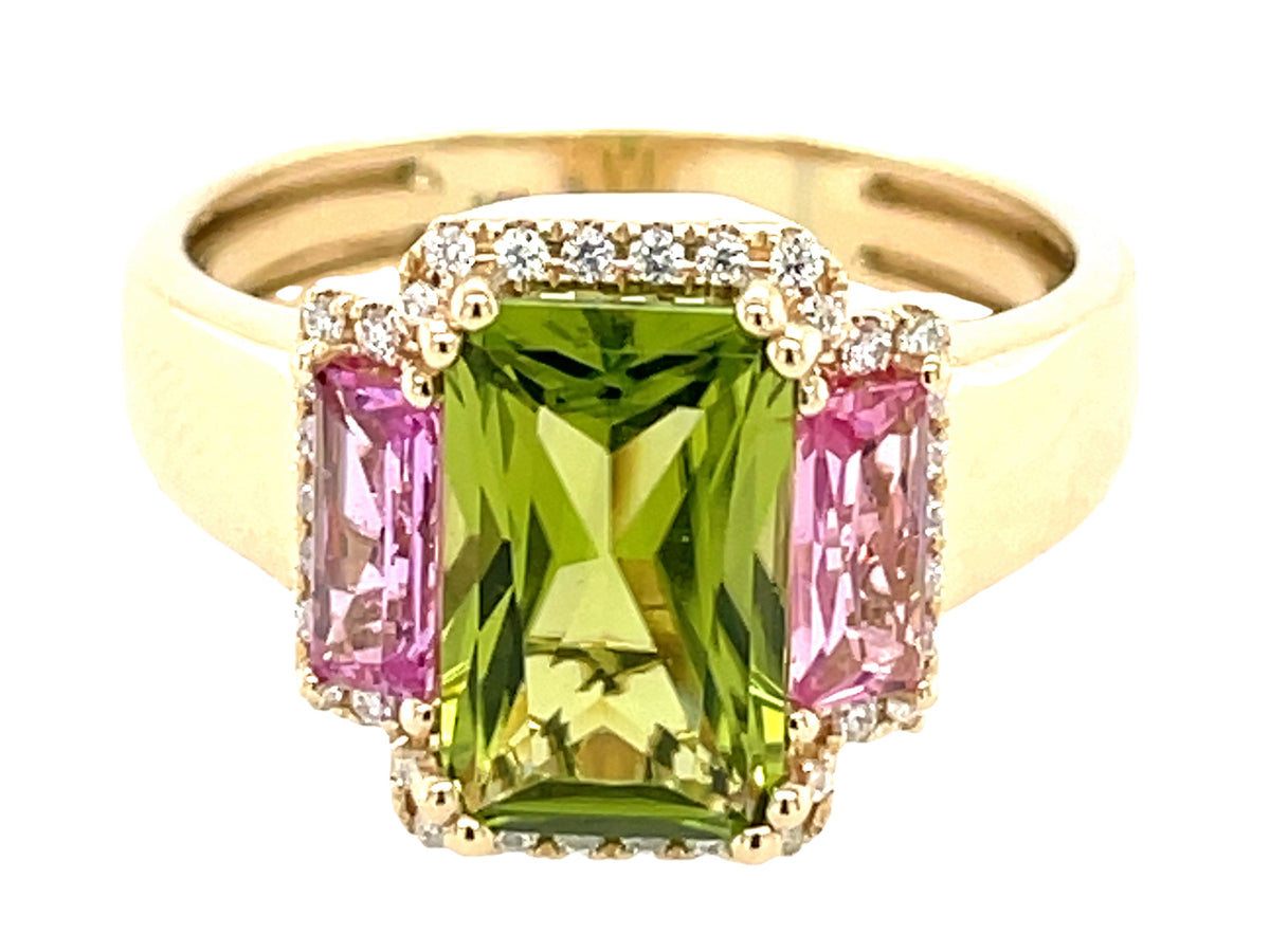 PERIDOT & PINK SAPPHIRE EMERALD CUT 3 STONE & DIAMOND RING, 14KY (N