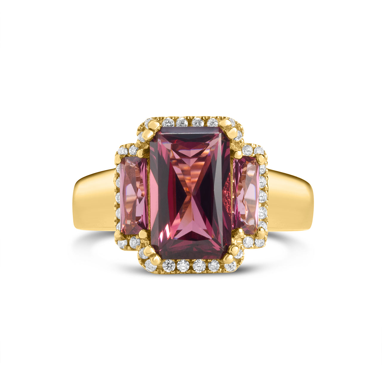 Rhodolite & Diamond Elongated 3 Stone Ring