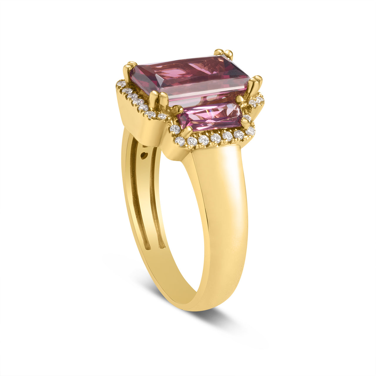 Rhodolite & Diamond Elongated 3 Stone Ring