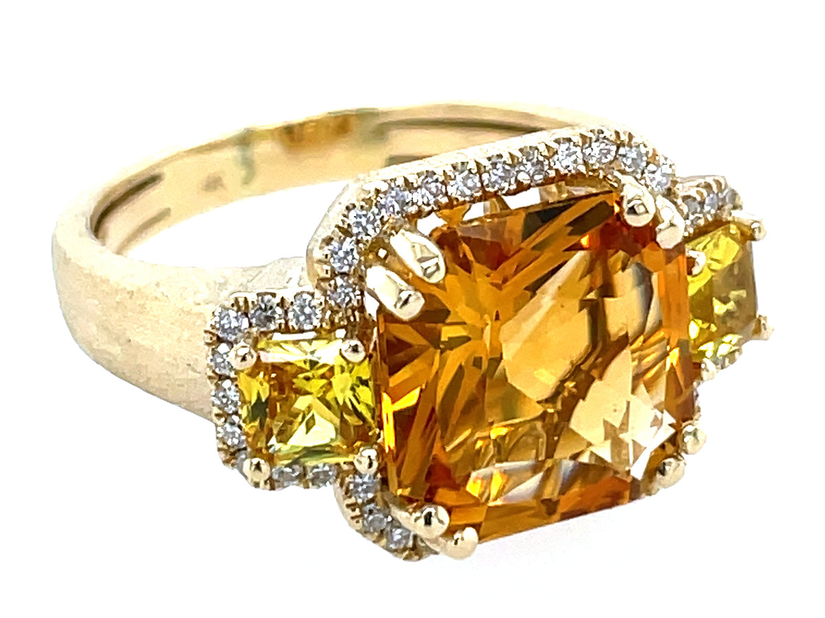 CITRINE & DIAMOND 3 STONE RING, 14KY