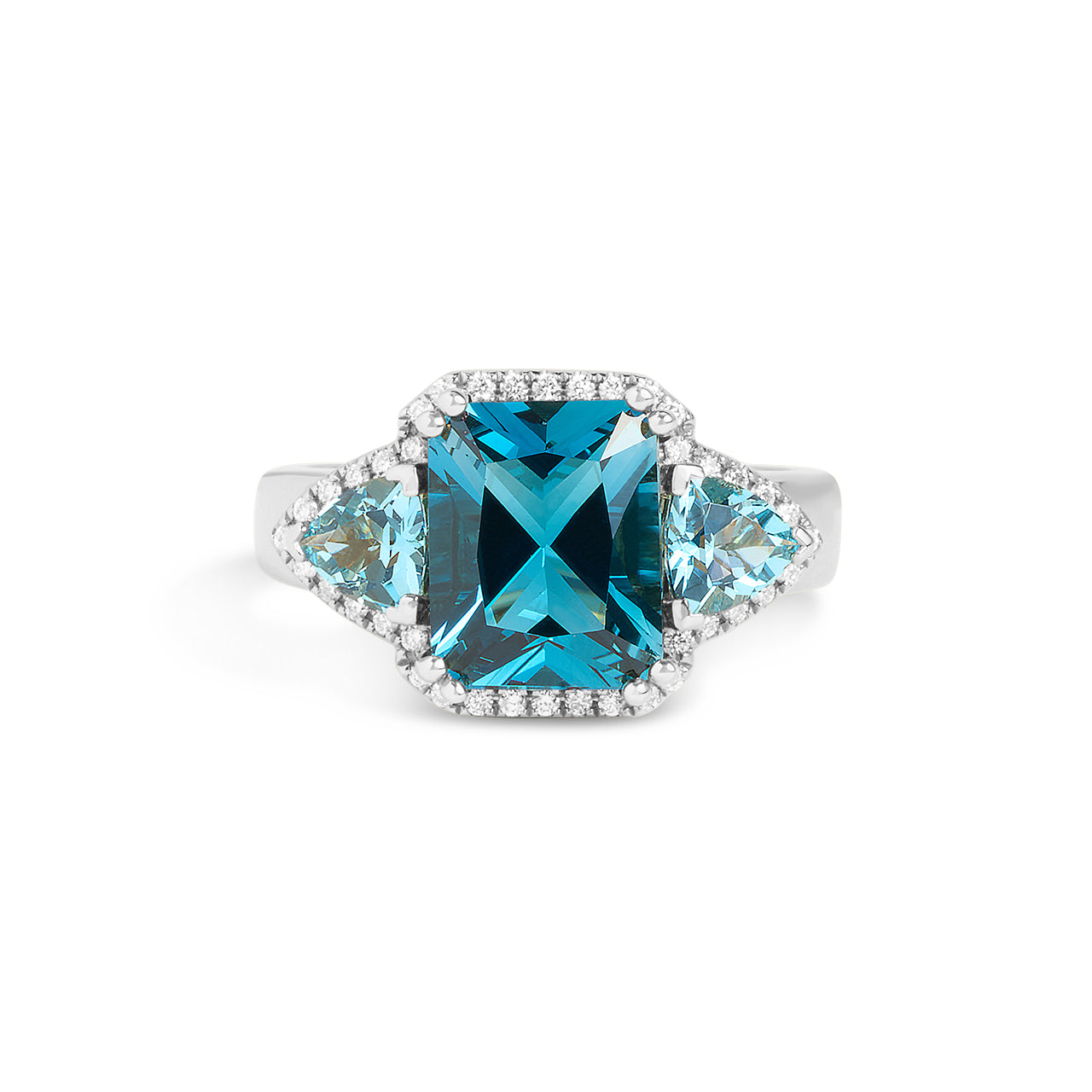 Blue Topaz & Diamond Radiant 3 Stone Ring