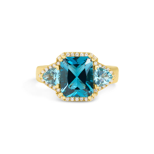 Blue Topaz & Diamond Radiant 3 Stone Ring