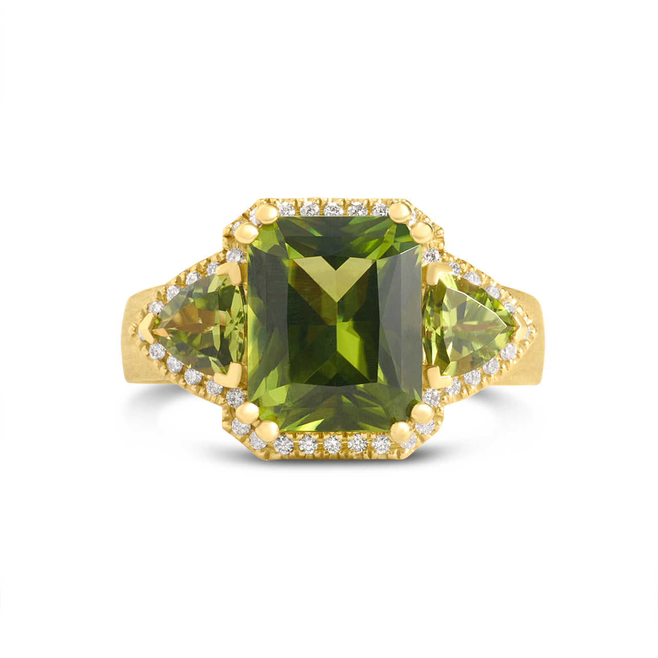 Peridot & Diamond Radiant 3 Stone Ring