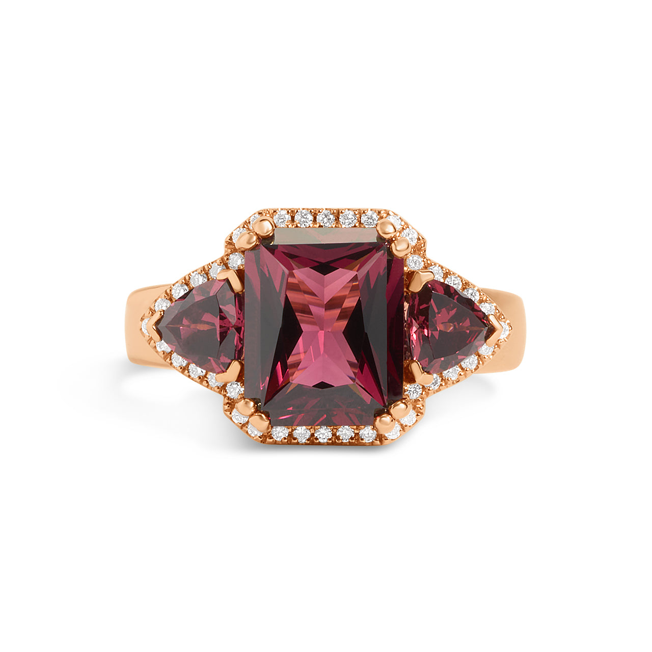 Rhodolite & Diamond Radiant 3 Stone Ring