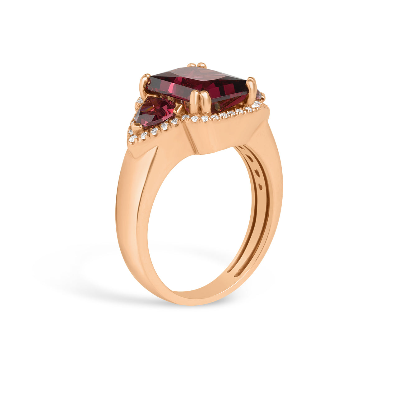 Rhodolite & Diamond Radiant 3 Stone Ring