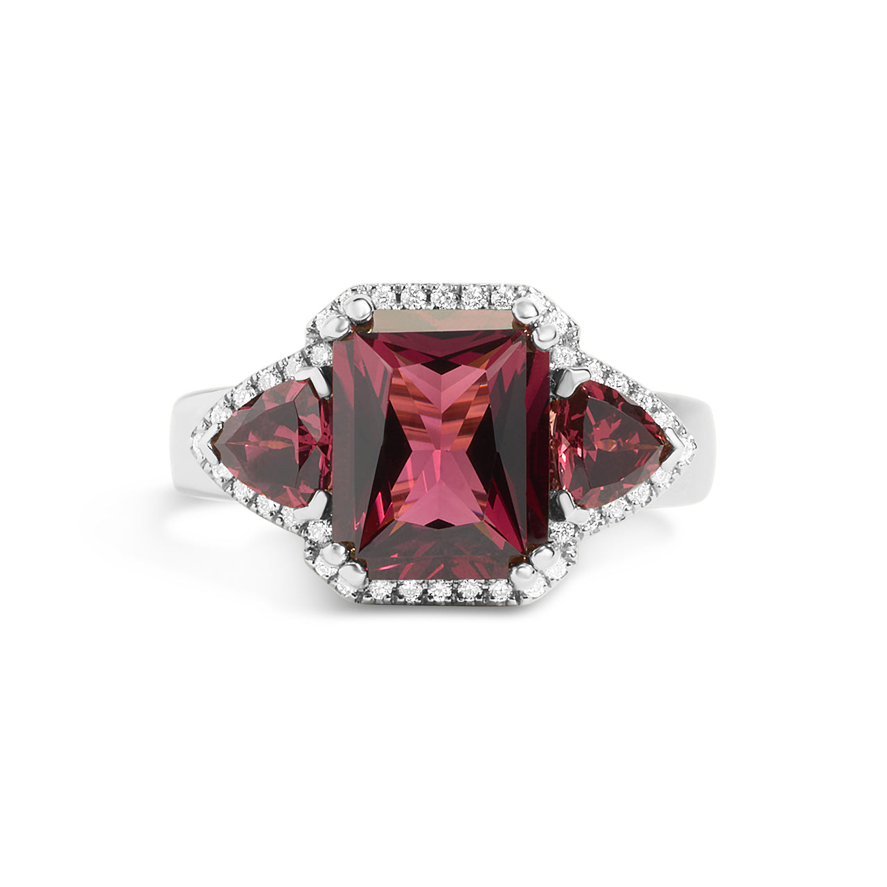 Rhodolite & Diamond Radiant 3 Stone Ring