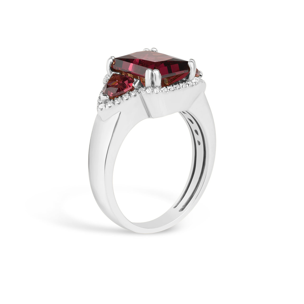 Rhodolite & Diamond Radiant 3 Stone Ring