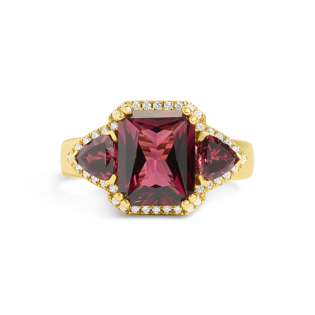 Rhodolite & Diamond Radiant 3 Stone Ring