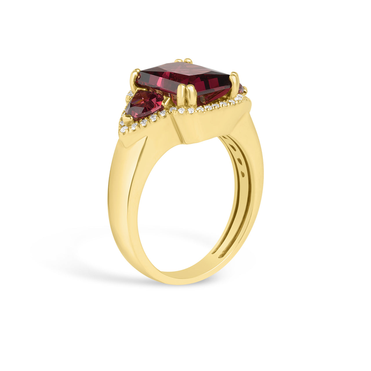 Rhodolite & Diamond Radiant 3 Stone Ring