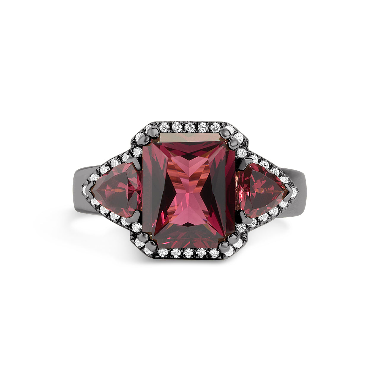 Rhodolite & Diamond Radiant 3 Stone Ring