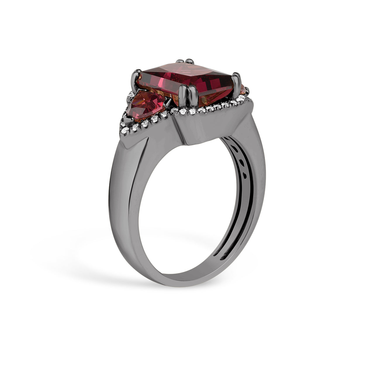 Rhodolite & Diamond Radiant 3 Stone Ring