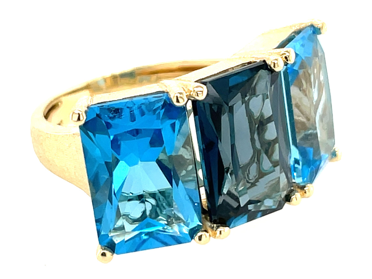 BLUE TOPAZ OCTAGON, LONDON & SWISS BLUE TOPAZ 3 STONE RING, SATIN FINISH