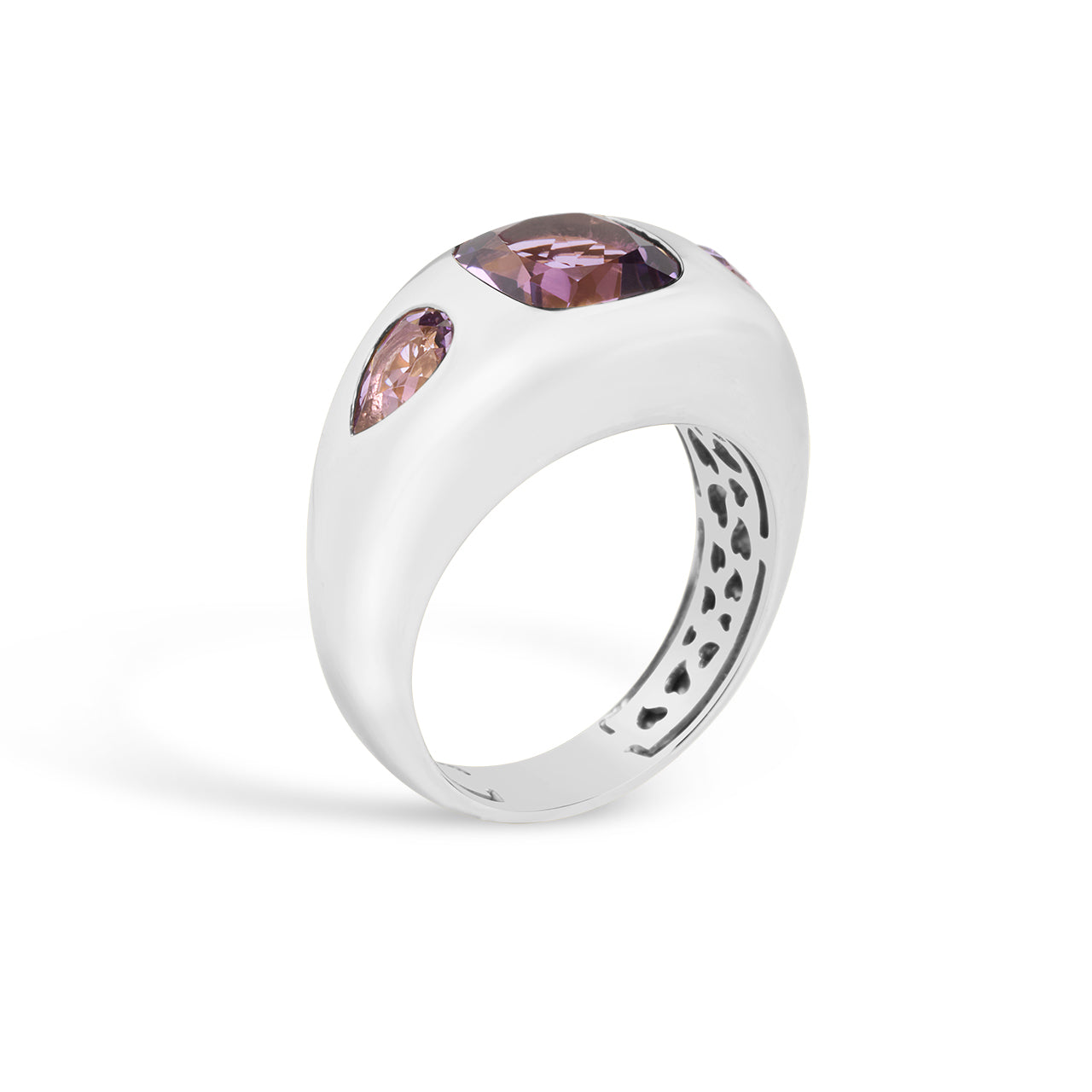 Amethyst Cushion & Pear 3 Stone Gypsy Ring