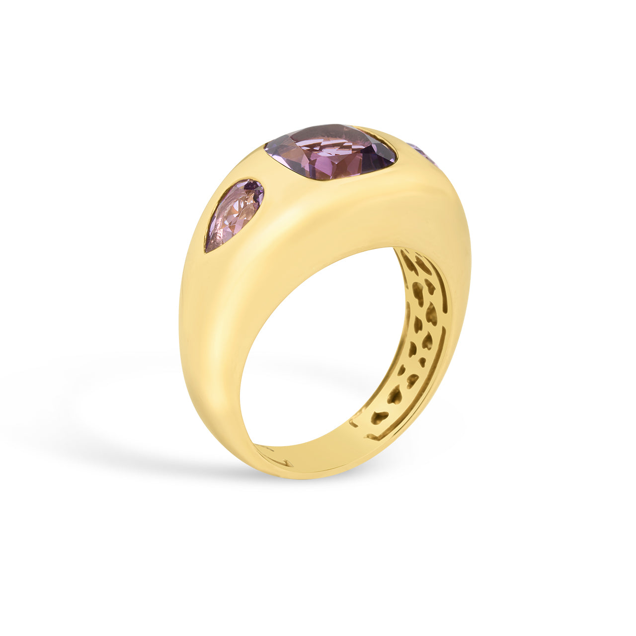 Amethyst Cushion & Pear 3 Stone Gypsy Ring
