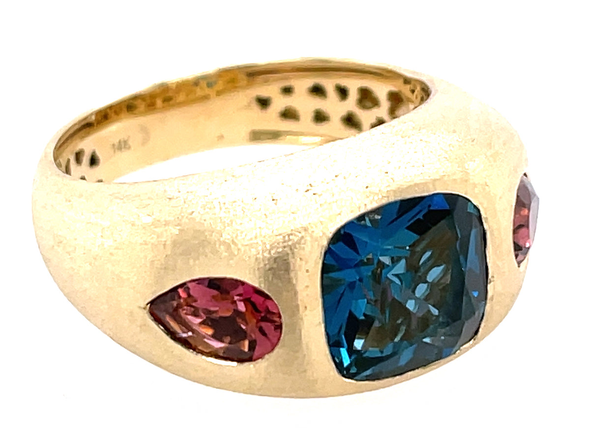 BLUE TOPAZ CUSHION & PEAR PINK TOURMALINE 3 STONE RING, SATIN FINISH