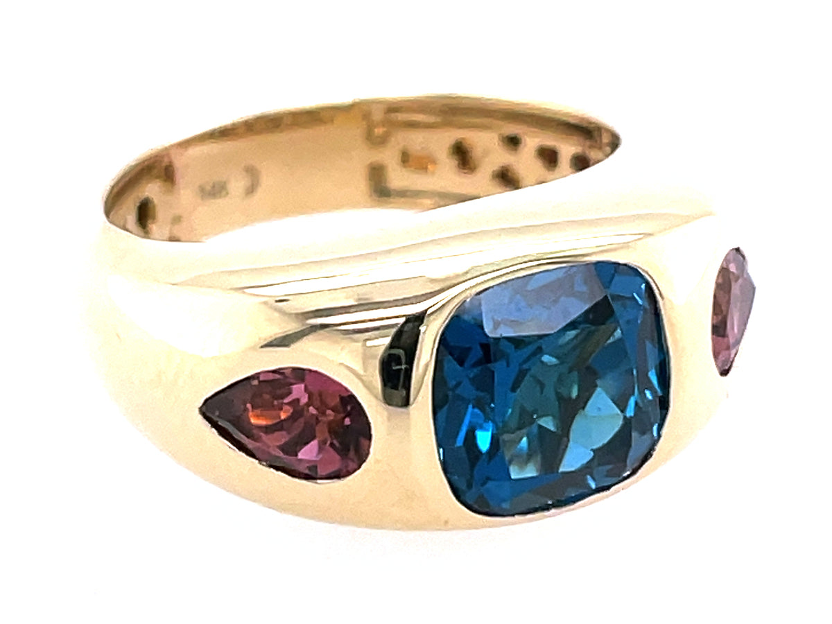 BLUE TOPAZ CUSHION & PEAR PINK TOURMALINE 3 STONE RING