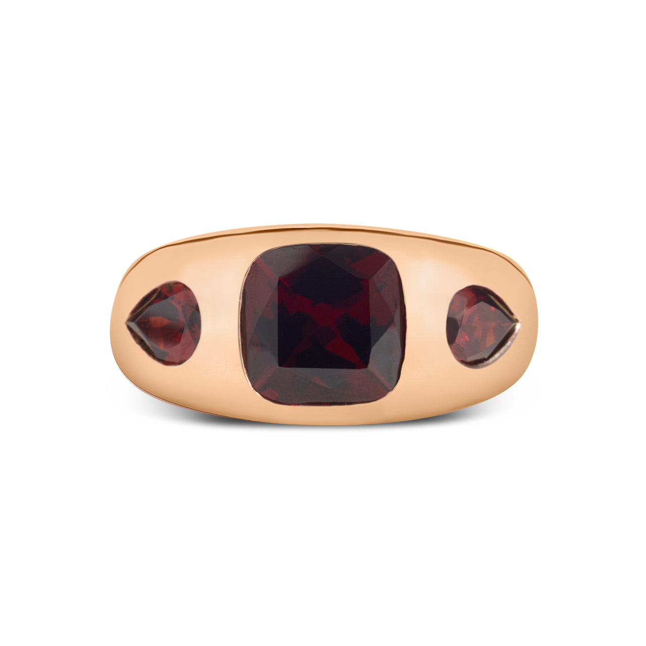 Garnet Cushion & Pear 3 Stone Gypsy Ring