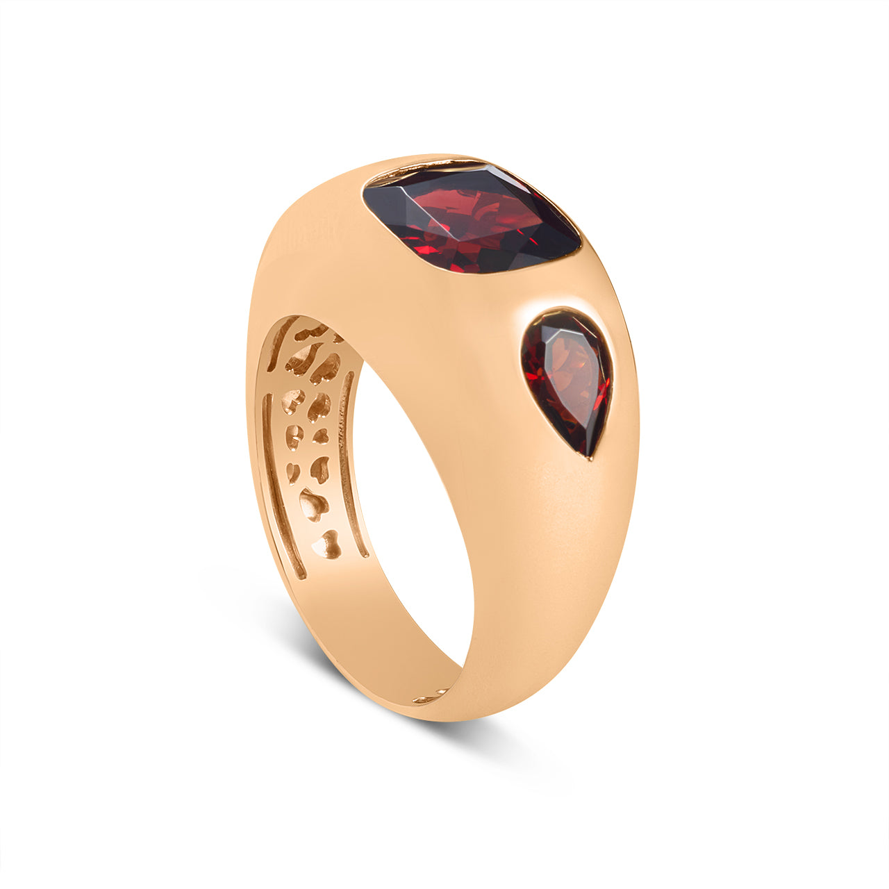Garnet Cushion & Pear 3 Stone Gypsy Ring