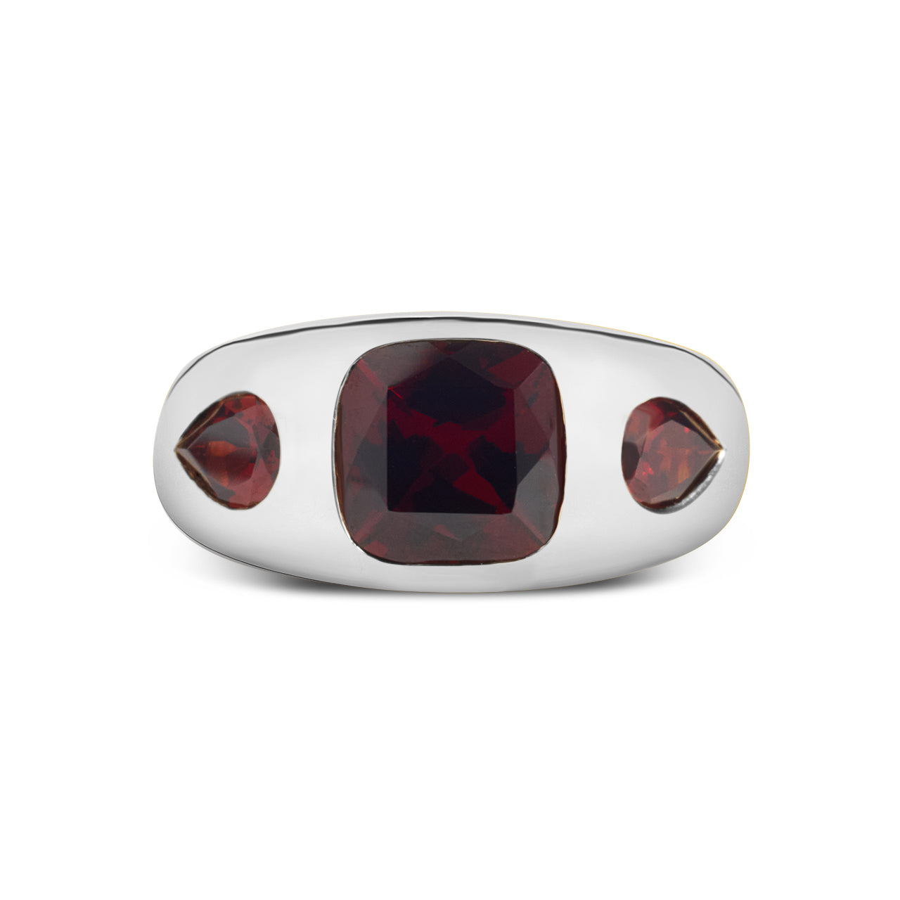 Garnet Cushion & Pear 3 Stone Gypsy Ring