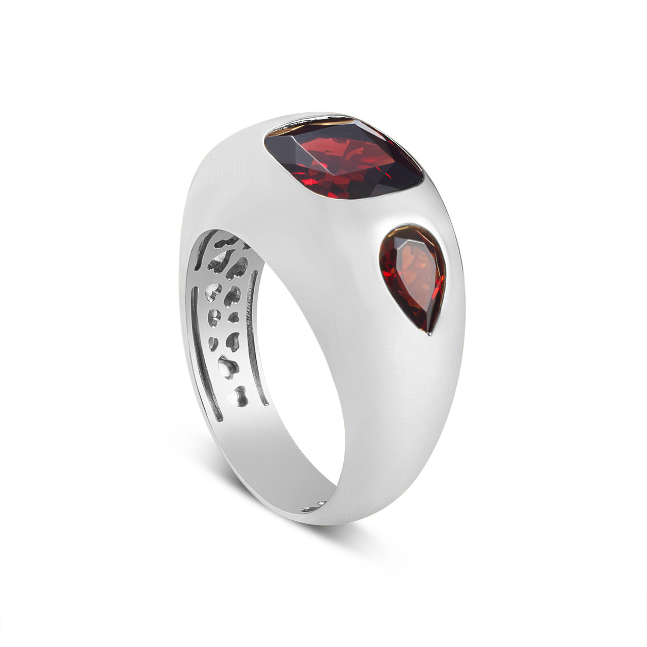 Garnet Cushion & Pear 3 Stone Gypsy Ring
