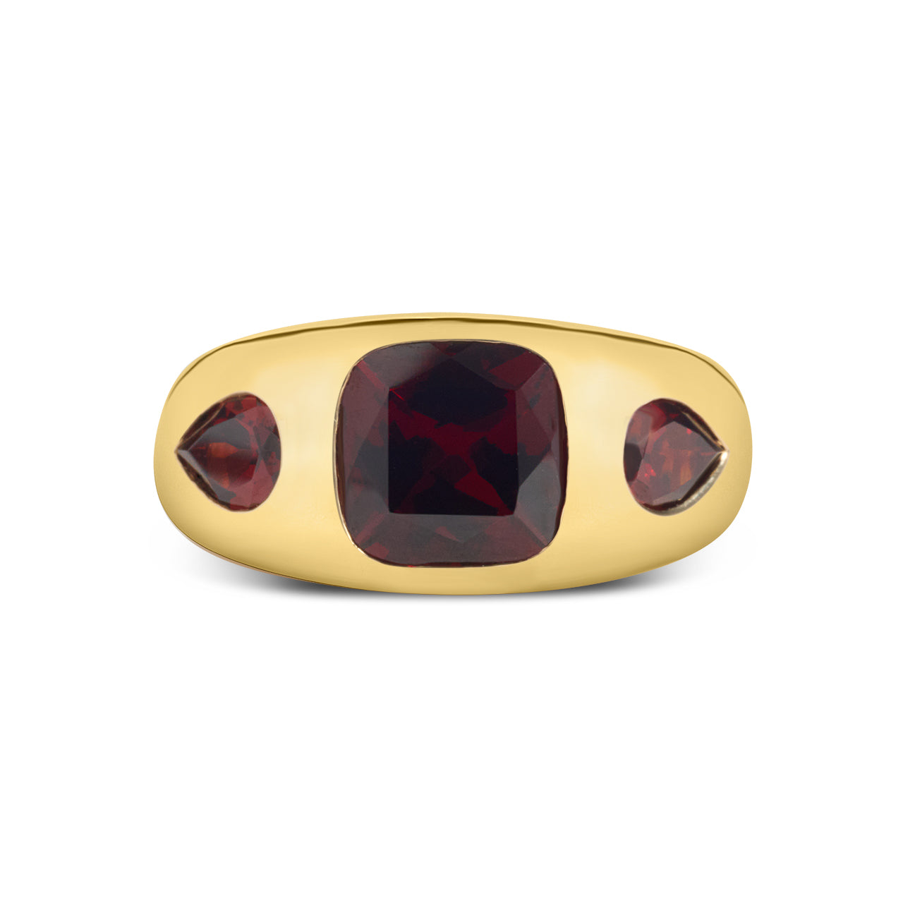 Garnet Cushion & Pear 3 Stone Gypsy Ring