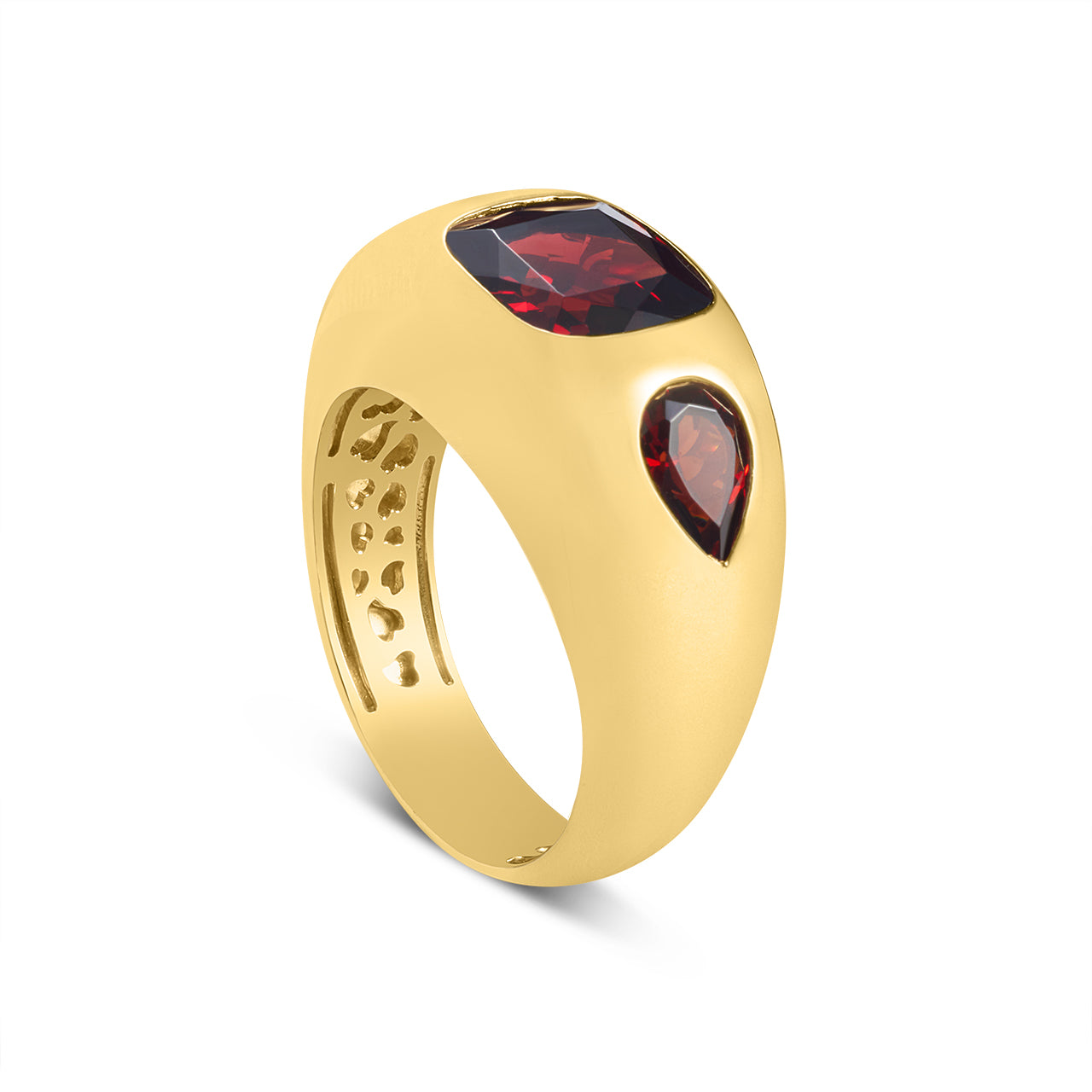 Garnet Cushion & Pear 3 Stone Gypsy Ring