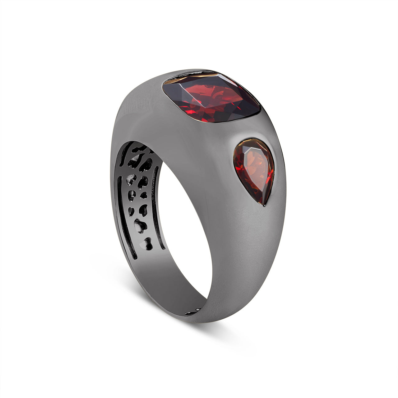 Garnet Cushion & Pear 3 Stone Gypsy Ring