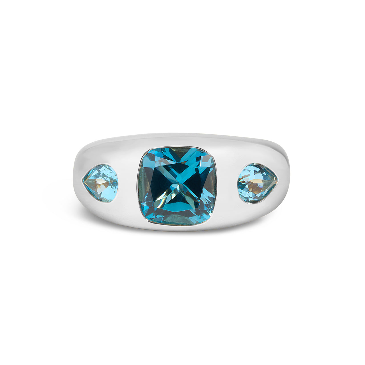 Blue Topaz Cushion & Pear 3 Stone Gypsy Ring